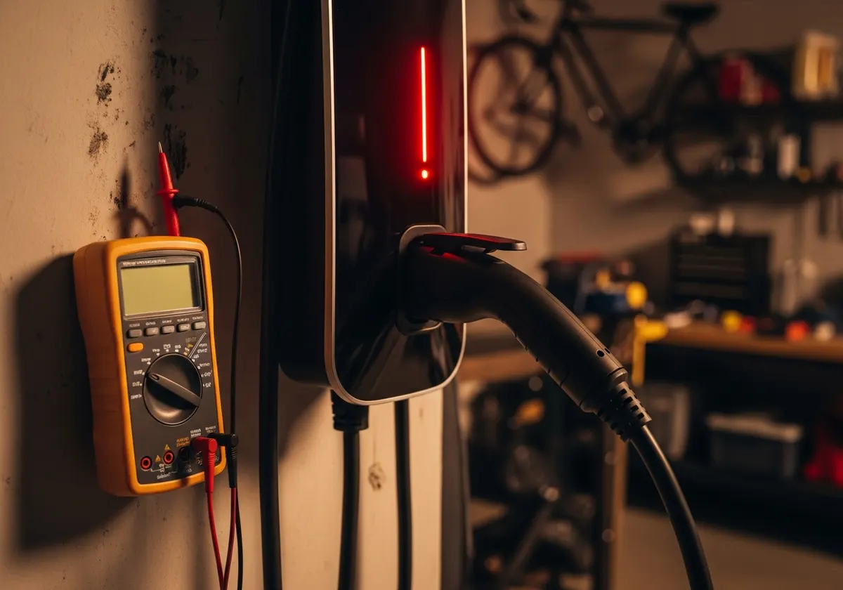 Borne de recharge au voyant rouge, technicien approchant un testeur pour le diagnostic