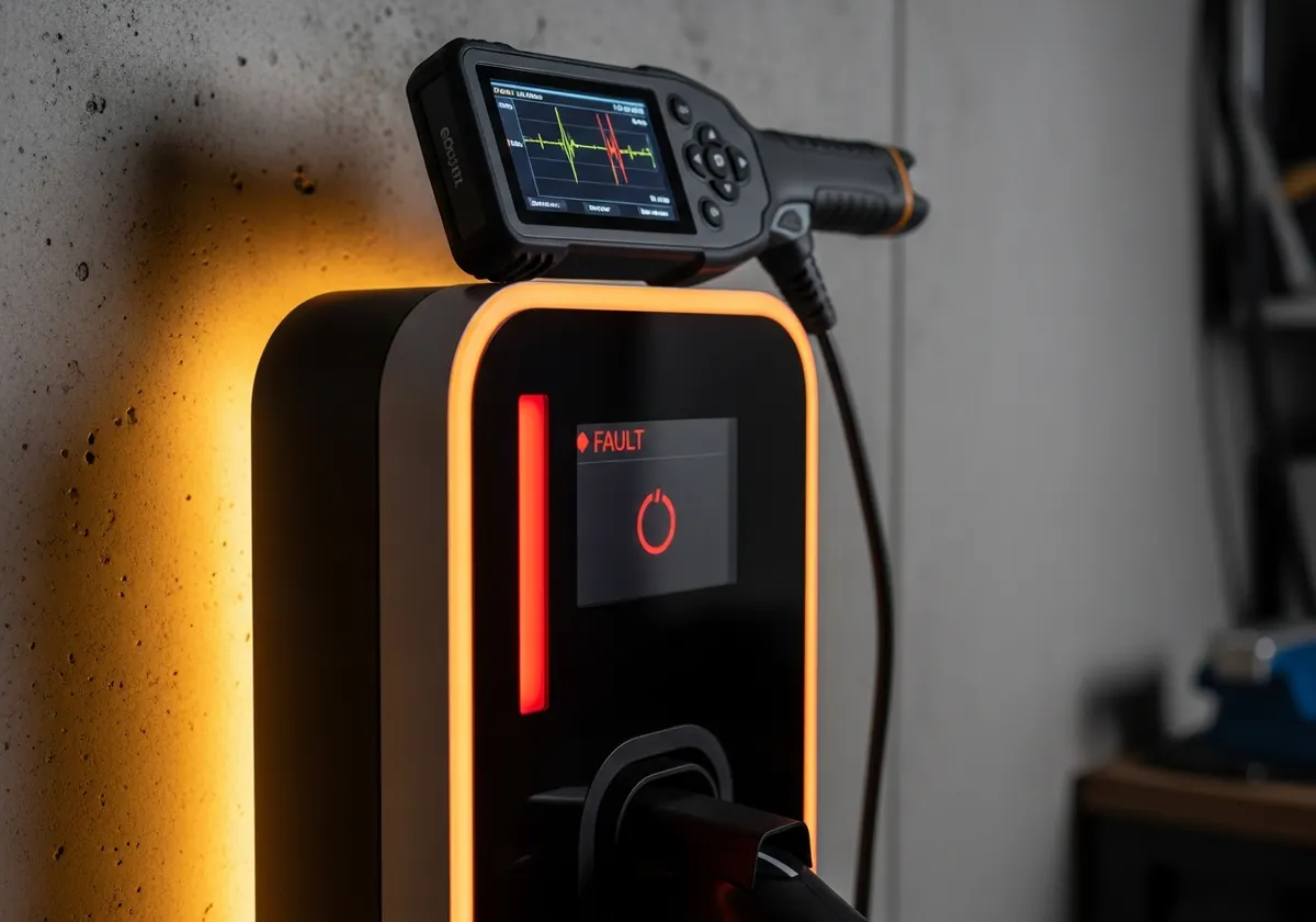 Afficheur d'une borne de recharge indiquant un code défaut, mains d'un technicien en diagnostic