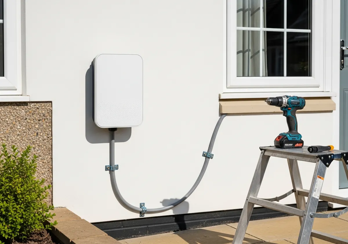 Électricien posant un équipement de recharge sur la façade d'une maison, cheminement de câble soigné