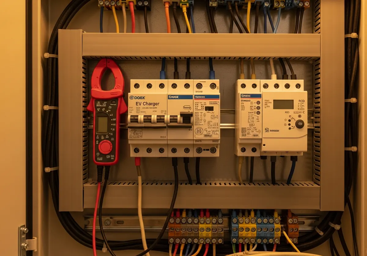 Technicien vérifiant le disjoncteur dédié et le différentiel d'une borne dans un tableau électrique ouvert