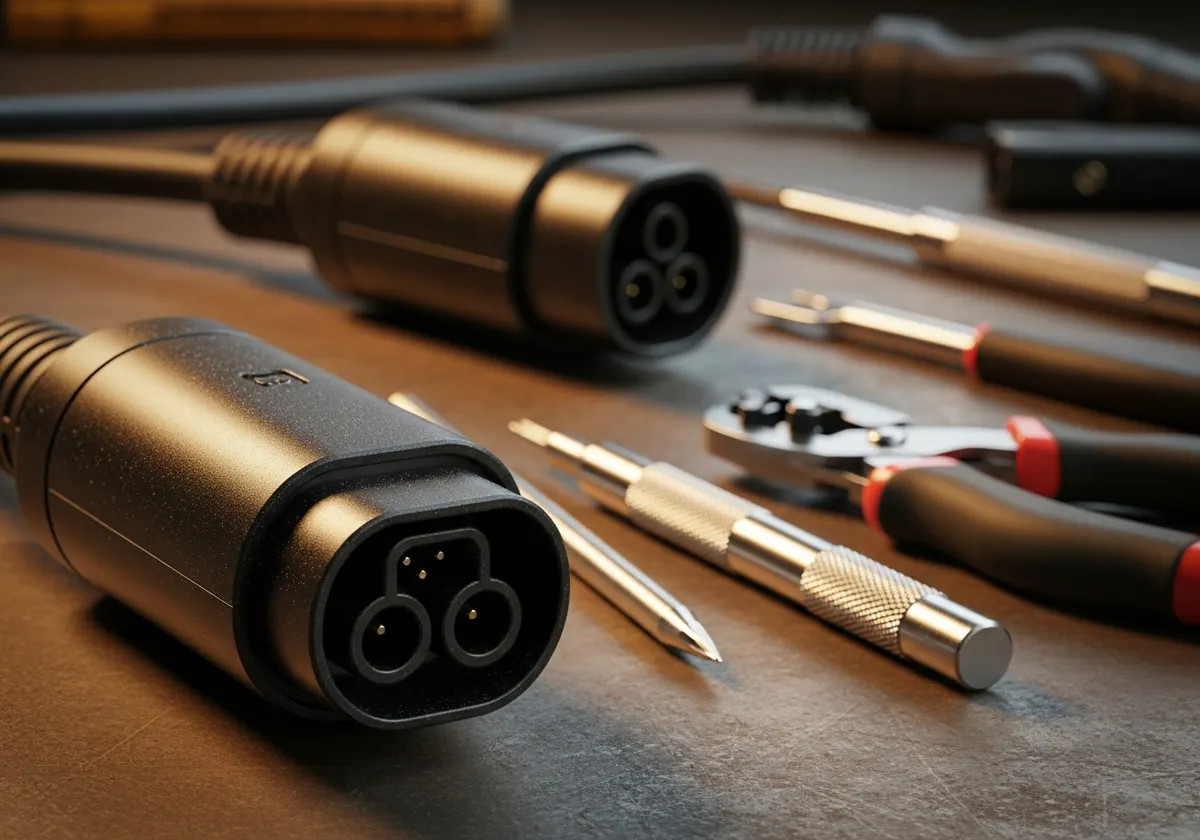 Connecteur Type 2 et câble de recharge en cours de remplacement par un technicien ganté